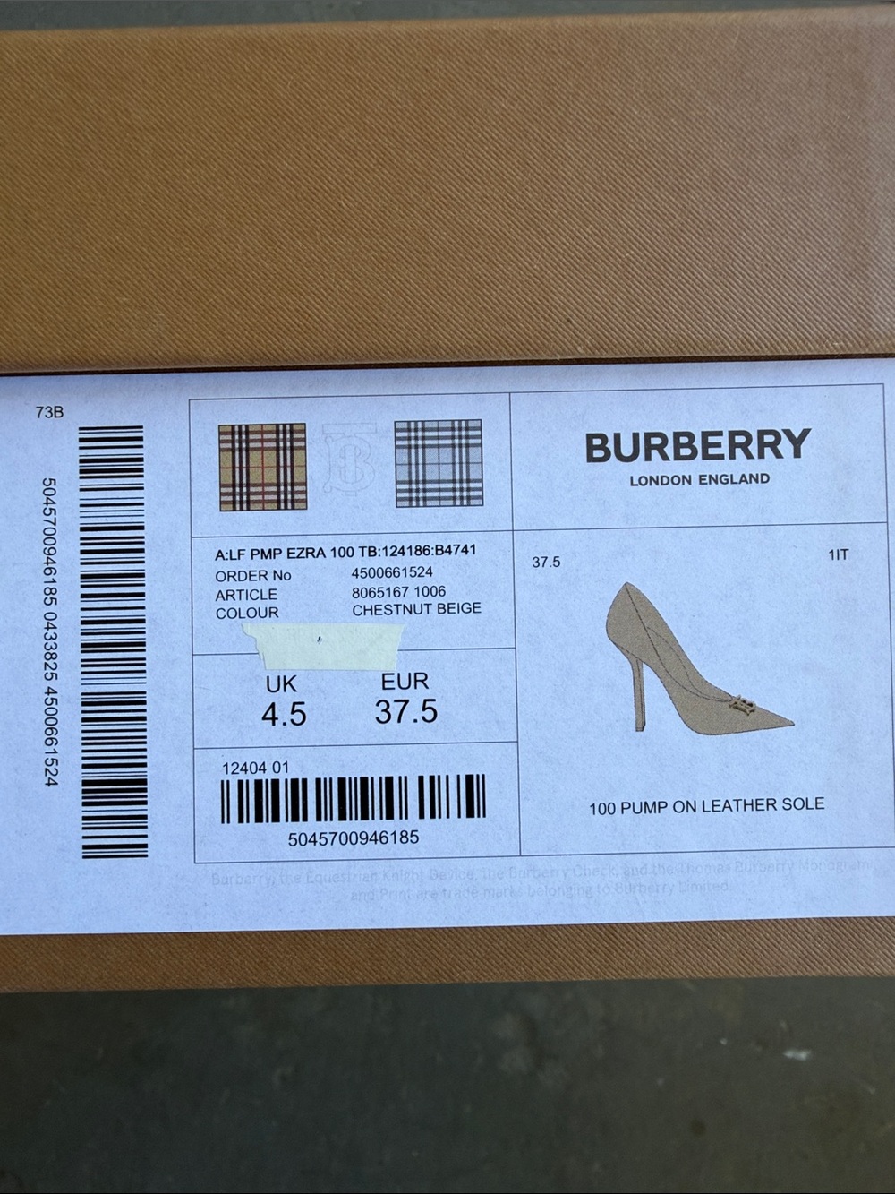NWT Burberry Ezra Nude/Tan Pointed Leather Pumps with Gold TB Emblem size 37.5 - Picture 10 of 11